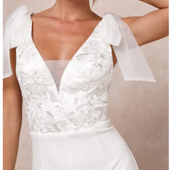 Lulus NWT Dignified Beauty White Mesh Embroidered Tie-Strap Jumpsuit Small - Picture 4 of 12